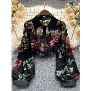 Black Casual Women's Chiffon Cutout Lapel Long Sleeve Blouse